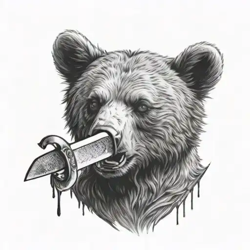 bear cub holding a knife and blood in mouth open tattoo design idea