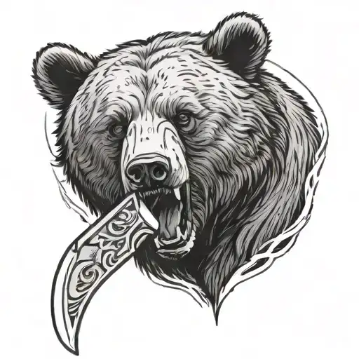 bear cub holding a knife and blood in mouth open tattoo design idea