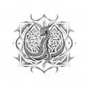 Nordic knotwork depicting a nordic dragon around vegvisirin a blackwork style tattoo tattoo design idea