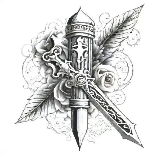 Dagger with city inside, small hearts inside handle, wings as the guards of the dagger, and number 13 included  tattoo design idea
