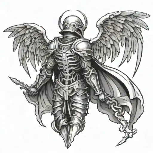 Create a back tattoo where you can see the angel of death falling from the sky covered in armor tattoo design idea
