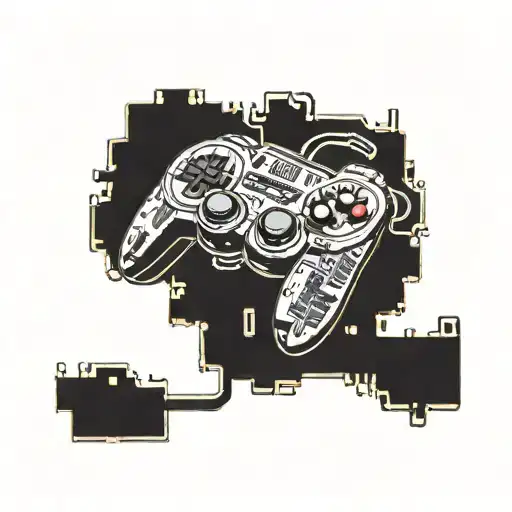 A pixelated retro video game controller intertwined with circuit board patterns tattoo design idea