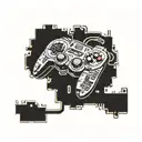 A pixelated retro video game controller intertwined with circuit board patterns tattoo design idea