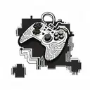 A pixelated retro video game controller intertwined with circuit board patterns tattoo design idea