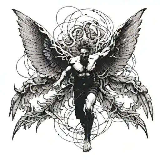 A man emerging from a struggle with large, powerful wings spread wide open tattoo design idea