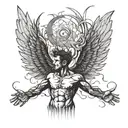 A man emerging from a struggle with large, powerful wings spread wide open tattoo design idea