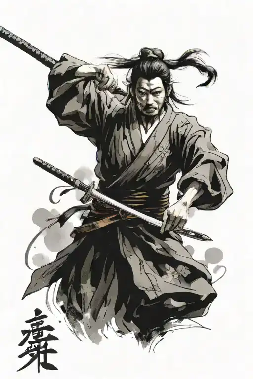 a sword writing in it quotes from Miyamoto Musashi tattoo design idea