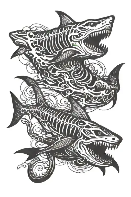 full body shark and skeleton tattoo design idea