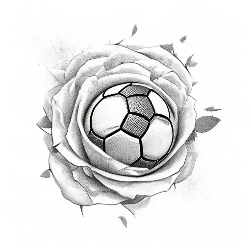 A realistic depiction of a soccer ball breaking through a wall of thorny roses, symbolizing the determination and passion of Israel soccer tattoo design idea