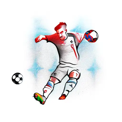 A dynamic illustration of a soccer player in an Israel jersey scoring a goal with a rose as the ball tattoo design idea