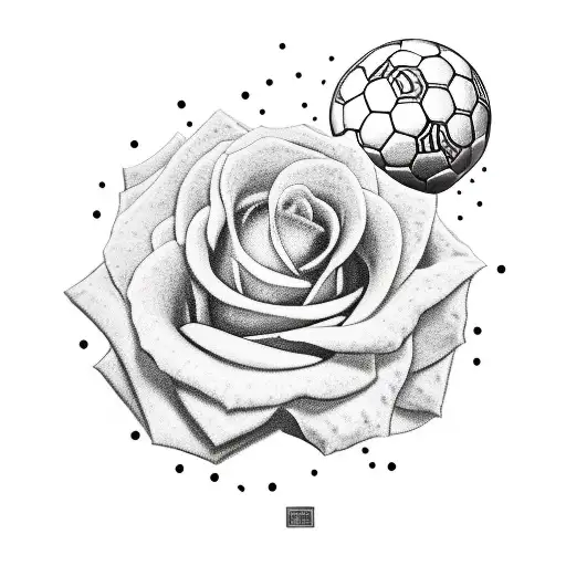 A realistic depiction of a soccer ball breaking through a wall of thorny roses, symbolizing the determination and passion of Israel soccer tattoo design idea