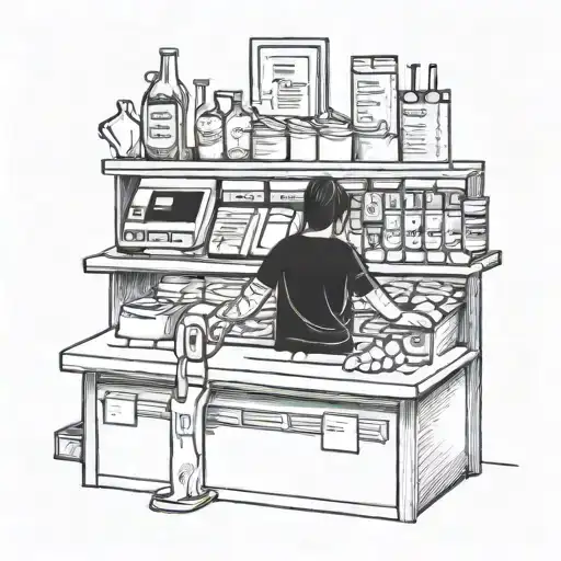 A cashier scanning music notes as groceries at a checkout counter tattoo design idea