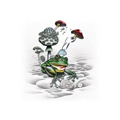 a frog smokes a pipe sitting on a fly agaric tattoo design idea