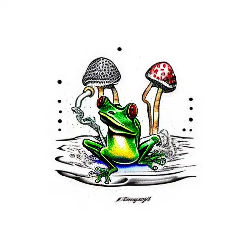 a frog smokes a pipe sitting on a fly agaric tattoo design idea