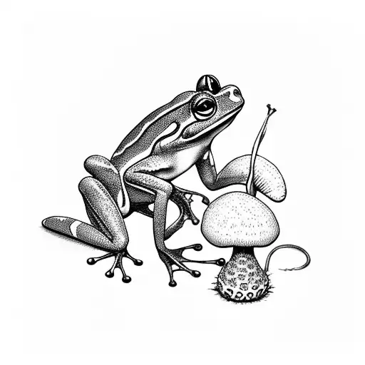 a frog smokes a pipe sitting on a fly agaric tattoo design idea