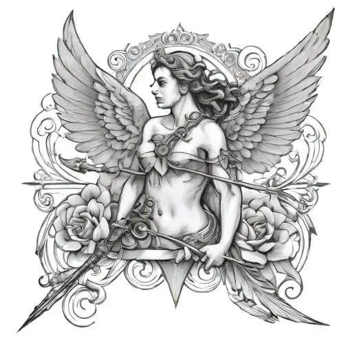 Two soft wings on the neck with Eros in the center, holding a bow and arrow. Wings and figure blend in a romantic design tattoo design idea
