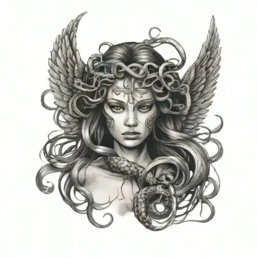 Two wings on the neck, Medusa head in the center. Snakes from her hair intertwine with the wings, merging together tattoo design idea
