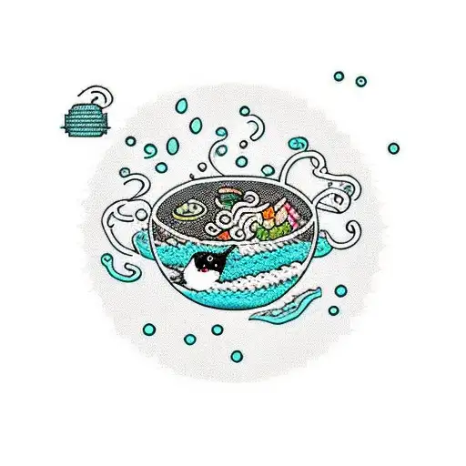 crochet cat swims peacfully in the bowl of ramen that floating in space tattoo design idea