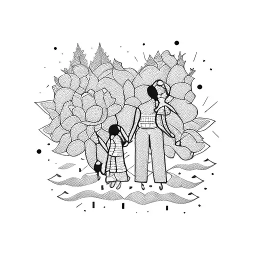 A blackwork tattoo of a geometric representation of a family holding hands surrounded by flowers and trees tattoo design idea