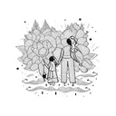 A blackwork tattoo of a geometric representation of a family holding hands surrounded by flowers and trees tattoo design idea
