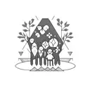 A blackwork tattoo of a geometric representation of a family holding hands surrounded by flowers and trees tattoo design idea