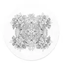 A blackwork tattoo of a geometric representation of a family holding hands surrounded by flowers and trees tattoo design idea