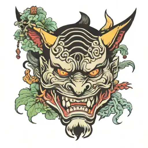 hannya mask and fu dog tattoo design idea