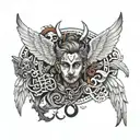 It is a word with a number... 4MERI with the wings of an angel and the devil who has duki on his face, the angel's on his i tattoo design idea