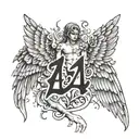 It is a word with a number... 4MERI with the wings of an angel and the devil who has duki on his face, the angel's on his i tattoo design idea