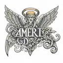 It is a word with a number... 4MERI with the wings of an angel and the devil who has duki on his face, the angel's on his i tattoo design idea