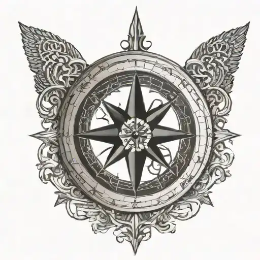 A Nordic compass with intricate runes carved stone full sleeve tattoo design idea