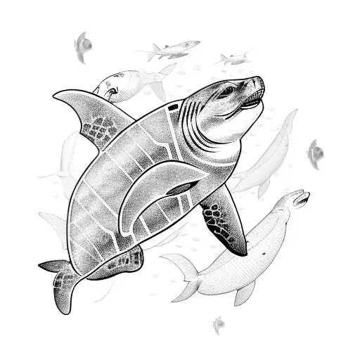 a sea lion, a white tip shark and a sea turtle swimming around tattoo design idea