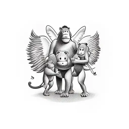family made up of a dad as a hippo, a son as a monkey, a son as a bear, a daughter as an orangutan, a mom as an angel tattoo design idea