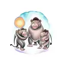 family made up of a dad as a hippo, a son as a monkey, a son as a bear, a daughter as an orangutan, a mom as an angel tattoo design idea