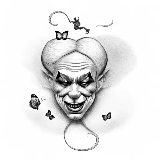 Design an American traditional clown with a mischievous butterfly perched on its nose tattoo design idea
