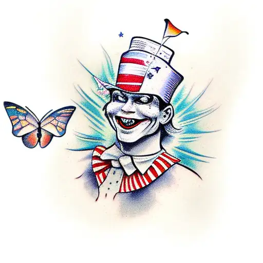 Design an American traditional clown with a mischievous butterfly perched on its nose tattoo design idea
