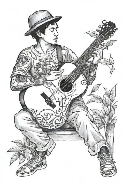 boy sitting against mango tree with classical guitar next to him tattoo design idea
