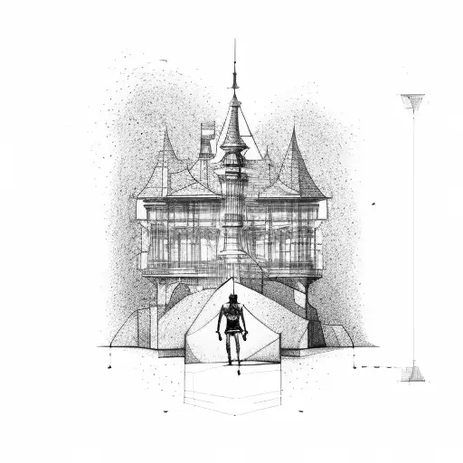 An architectural blueprint with a soccer player in action tattoo design idea