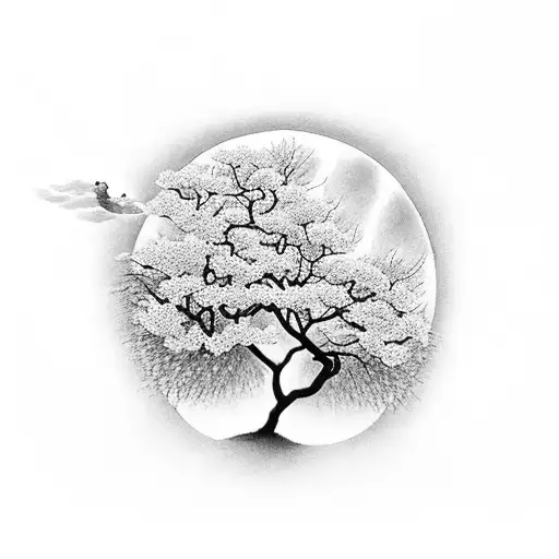 A tranquil meditation scene with a silhouette of a person sitting under a blossoming Tree of Life, showcasing the harmony between inner peace and nature tattoo design idea