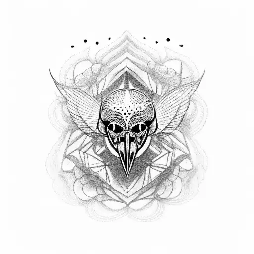 A dotwork tattoo of a crow skull surrounded by intricate moth wings tattoo design idea