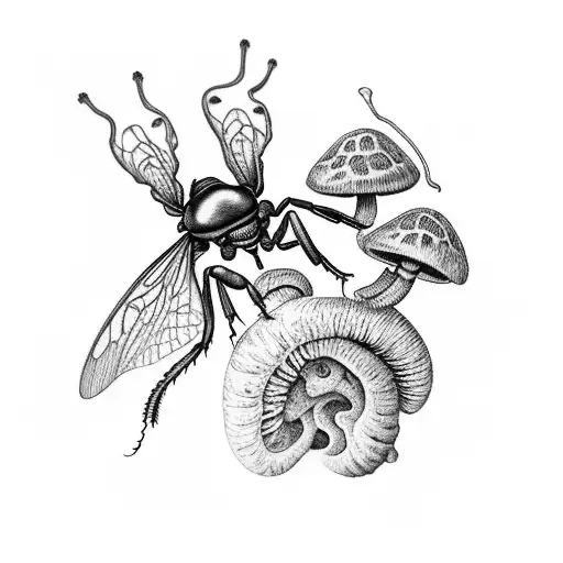 A black-grey tattoo of a collection of bugs and mushrooms forming a nature-inspired sleeve tattoo design idea