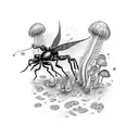 A black-grey tattoo of a collection of bugs and mushrooms forming a nature-inspired sleeve tattoo design idea