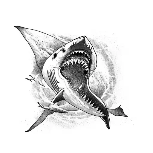 A fierce shark swimming alongside a fishing boat tattoo design idea