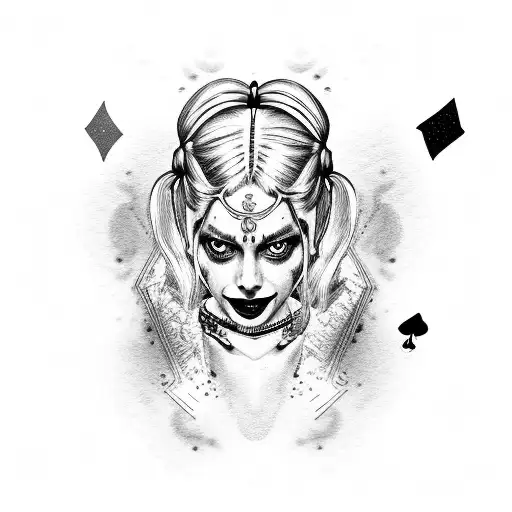 A detailed dotwork design of Harley Quinn surrounded by her signature playing cards tattoo design idea