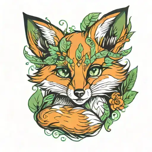 little fox sitting with green eyes tattoo design idea
