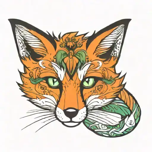 Orange Fox with tail and green eyes tattoo design idea