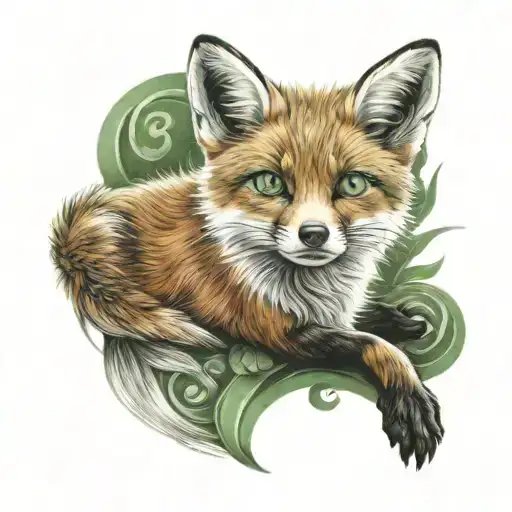 little fox sitting with green eyes tattoo design idea