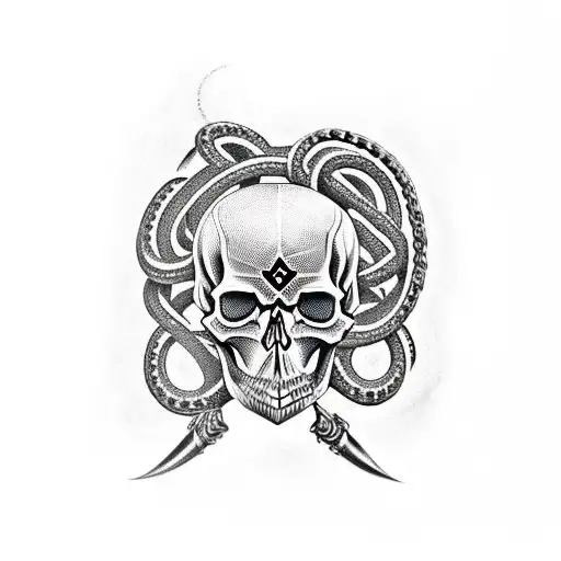 skull with snake and dagger and chains tattoo design idea