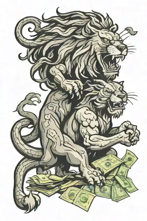 Design a new-school style tattoo featuring a lion and dragon fighting over a pile of money tattoo design idea