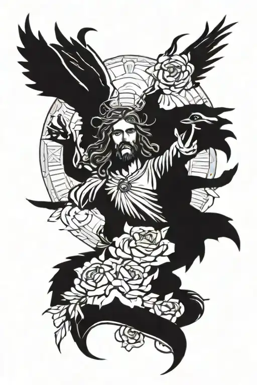 Design a traditional style tattoo of Cristo surrounded by roses and dragons in a celestial setting tattoo design idea